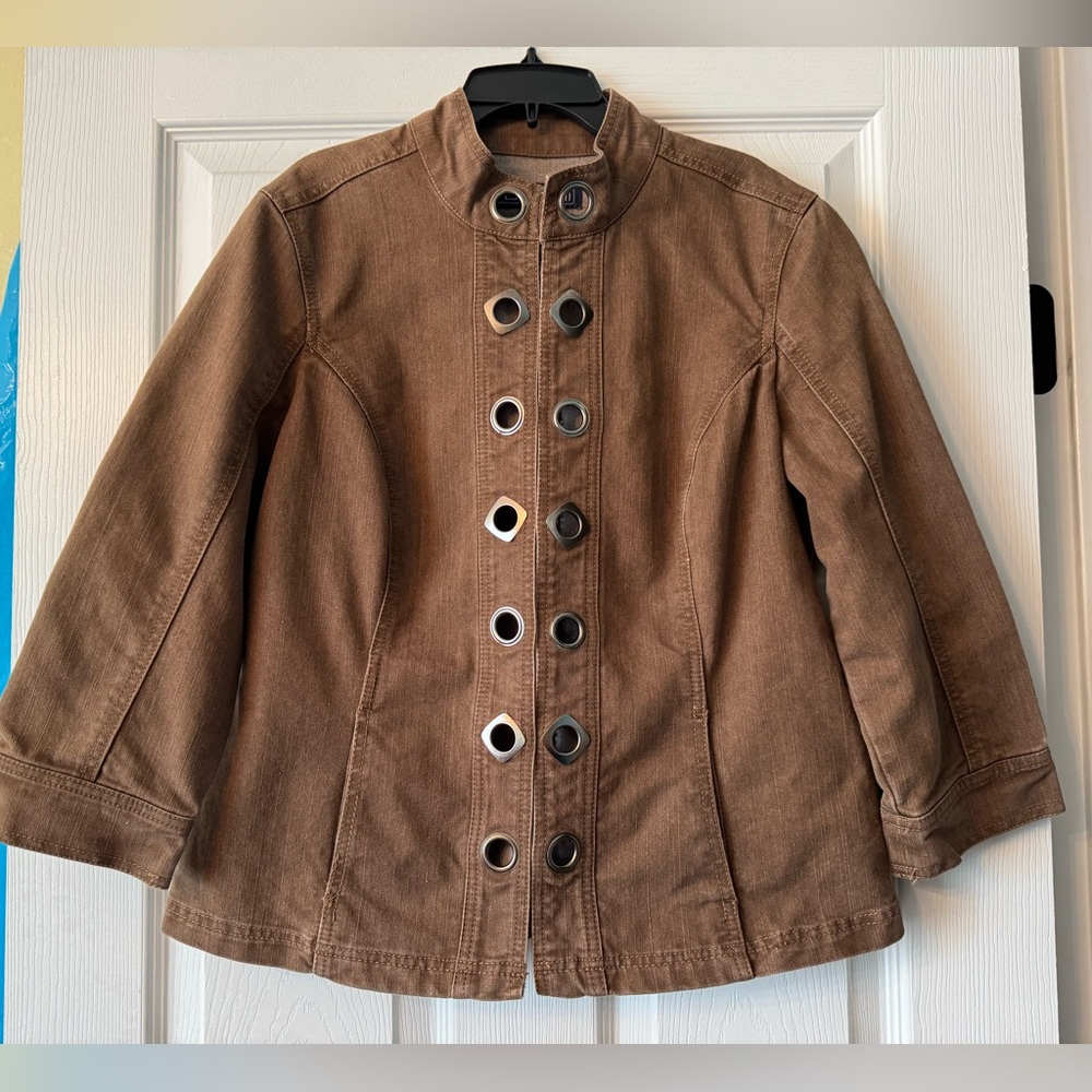 Baccini Medium Military Style Women’s Brown Jean Jacket with Mandarin Collar